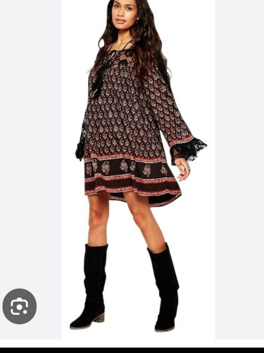 Free People Nomad Child Boho Print Long-Sleeve Swing Dress in Black Combo. Med